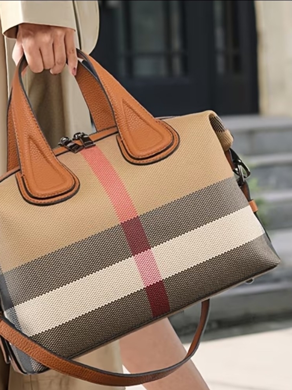 Women's Vintage Plaid Boston Bag with Detachable Strap Red, Black Tan Cream - Picture 3 of 9